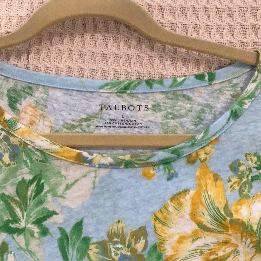 Talbots Blue and Yellow Floral Short Sleeve Top Size L - Picture 2 of 10